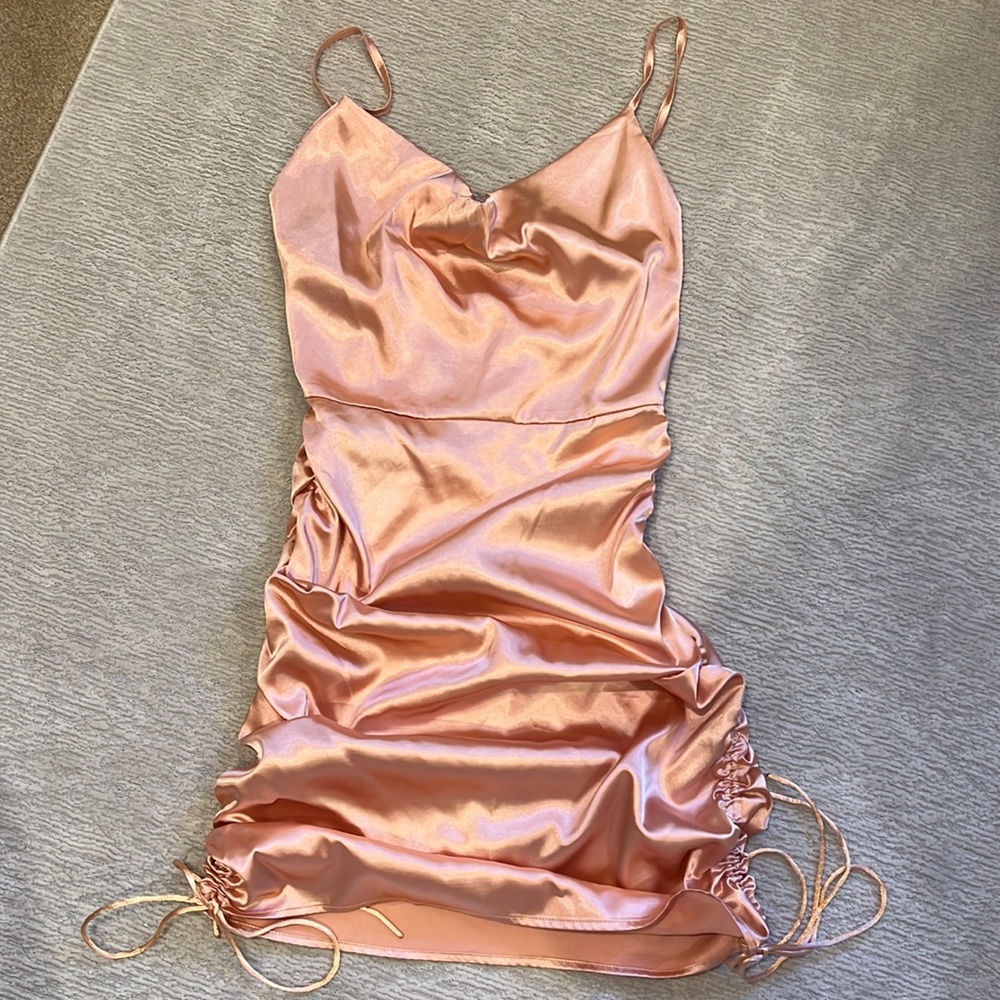 Shein Joyfunear Ruched Drawstring Knot Satin Dress
